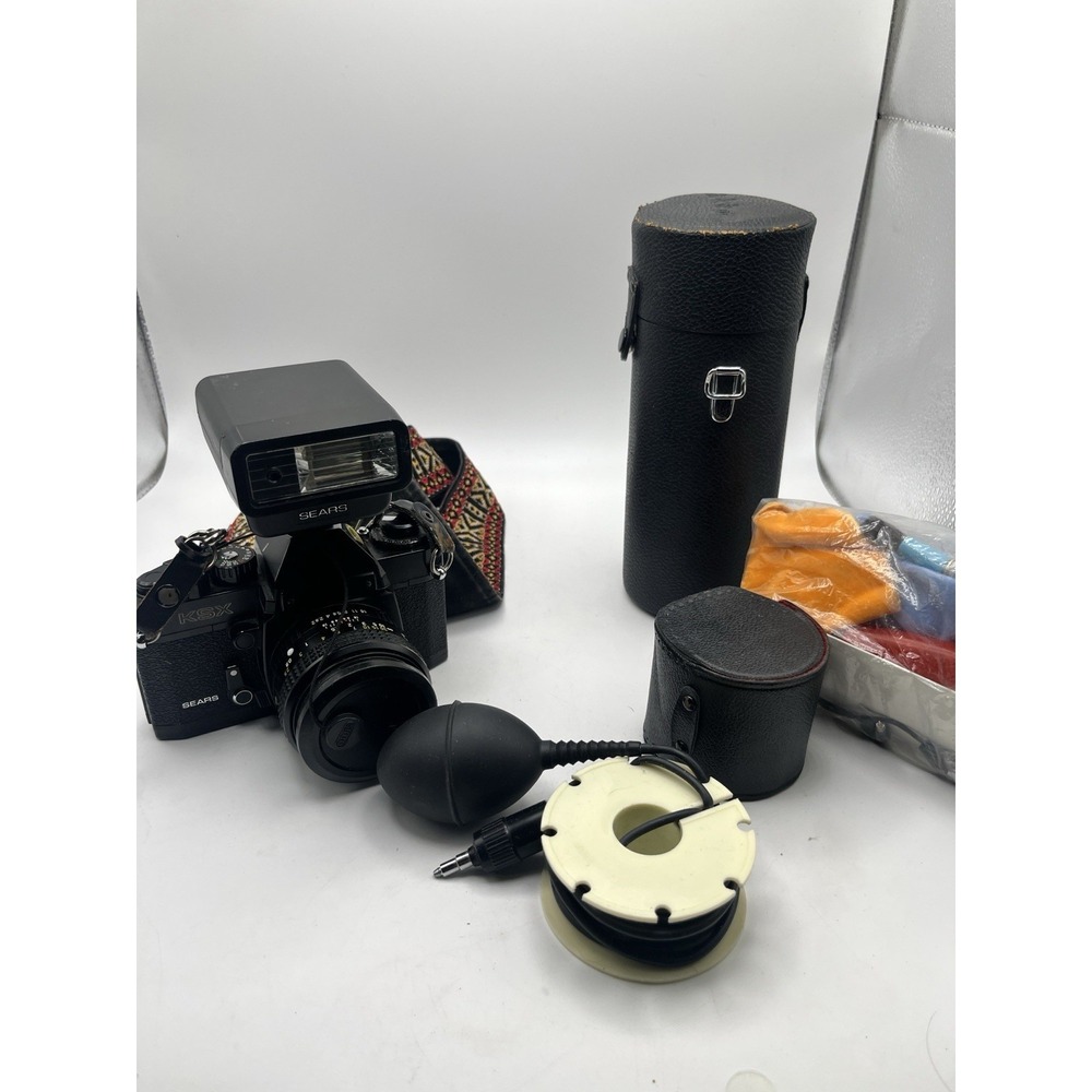 Vintage SEARS KSX Super 35mm SLR Film Camera w/ 2 Lenses, Flash, & Case